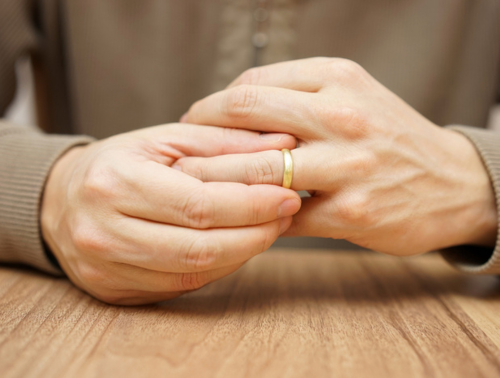 Image of a person with a wedding ring on and their hands together on a table.