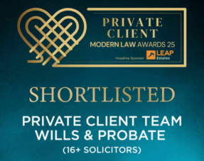 Image announcing that the Howell Jones Private Client Team (Wills & Probate, 16+ solicitors) has been shortlisted for the 2025 Modern Law Awards.