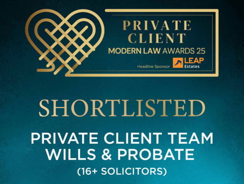 Image announcing that the Howell Jones Private Client Team (Wills & Probate, 16+ solicitors) has been shortlisted for the 2025 Modern Law Awards.