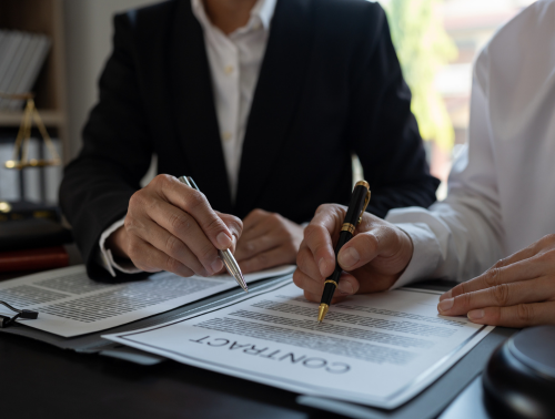 Image of two people looking at a contract.