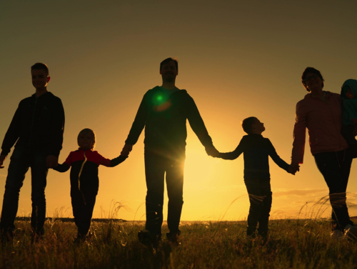 Silhouette of family holding hands at sunset, representing a blended family.