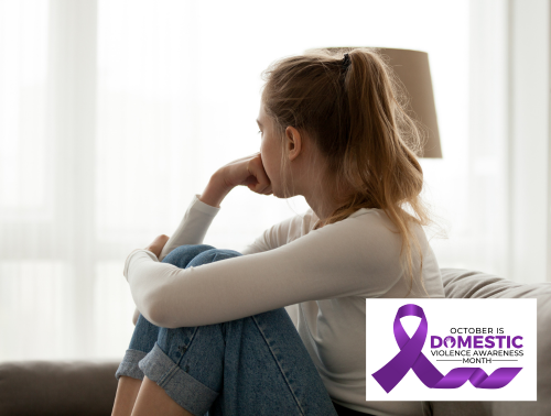 Young woman sitting alone indoors looking thoughtful, representing a domestic abuse survivor, with a purple ribbon graphic for Domestic Violence Awareness Month.
